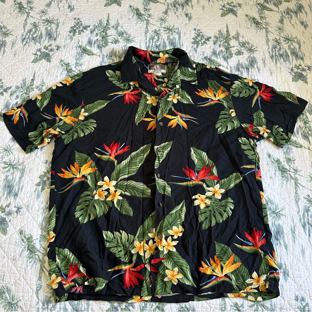 Kalaheo Bird of Paradise Plumeria Black Hawaiian Shirt XL